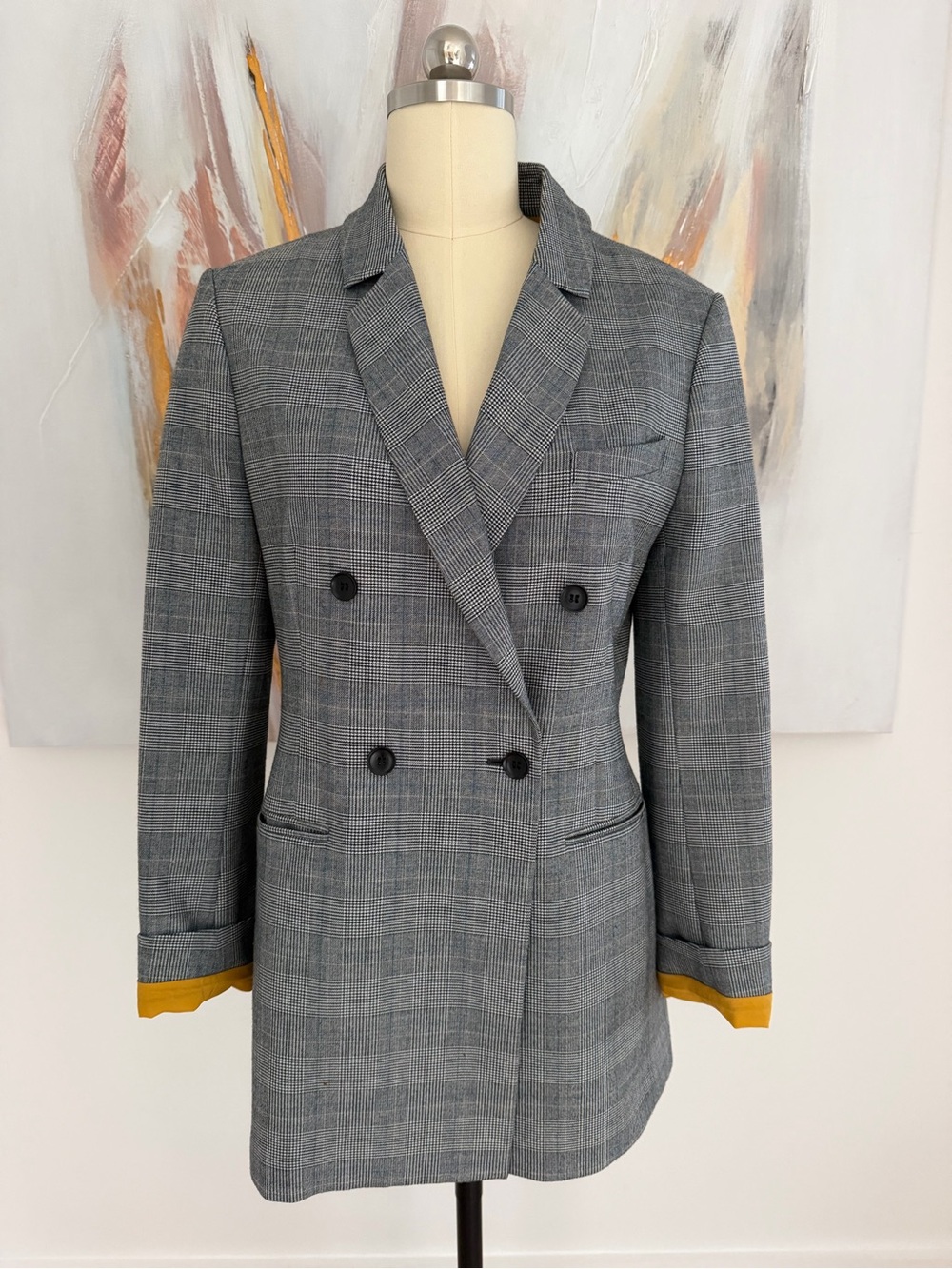 BCBGMaxAzria Gray Plaid Double-Breasted Blazer with Mustard Cuff Accent